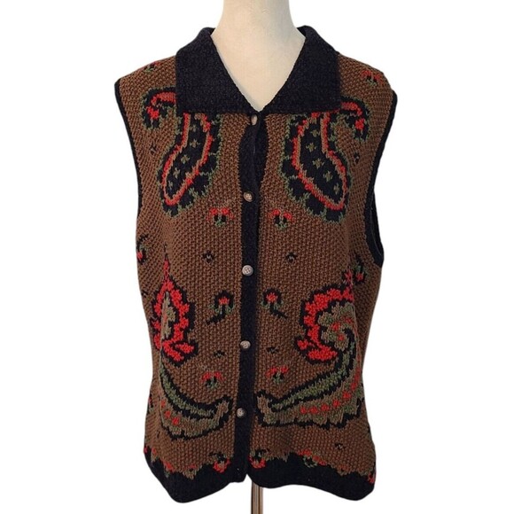Sharon Young Knitted Grandmacore Brown Paisley Faire Isle Vest Cabincore Sz L - Picture 1 of 12